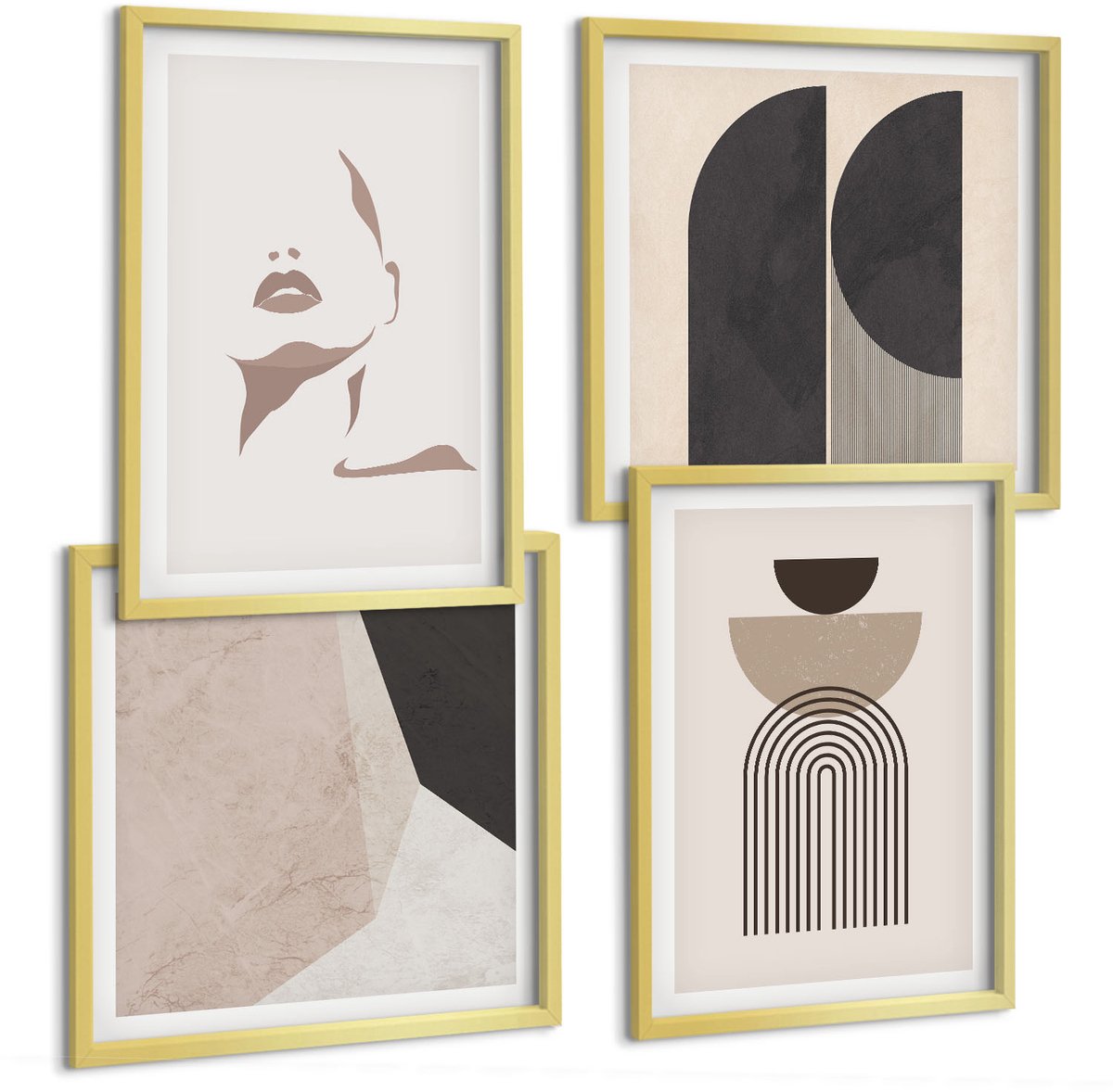 TULUP 4-Delige Schilderij Set - Abstracte patronen in tinten wit en bruin. - 40 x 40 cm en 40 x 60 cm - Decoratieve Muurdecoratie - Slaapkamer - Woonkamer Decoratie Gouden lijst