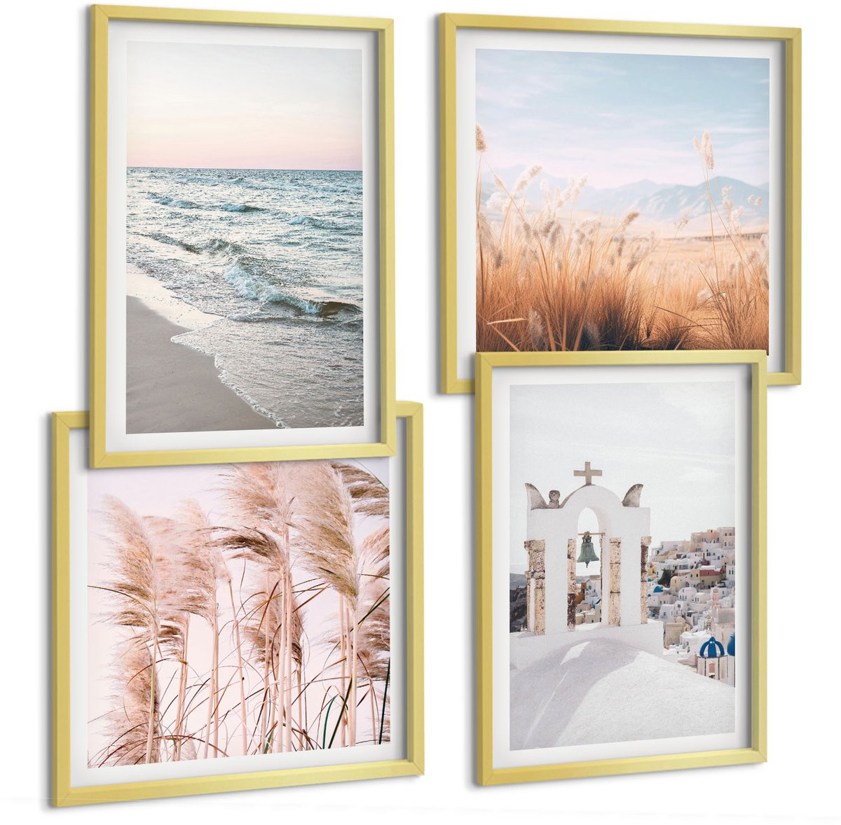 TULUP 4-Delige Schilderij Set - Zeeplanten, zeegolven, uitzicht op de Witte Huizen - 40 x 40 cm en 40 x 60 cm - Wanddecoratie - Moderne Interieurdecoratie - Moderne Wanddecoratie Gouden lijst
