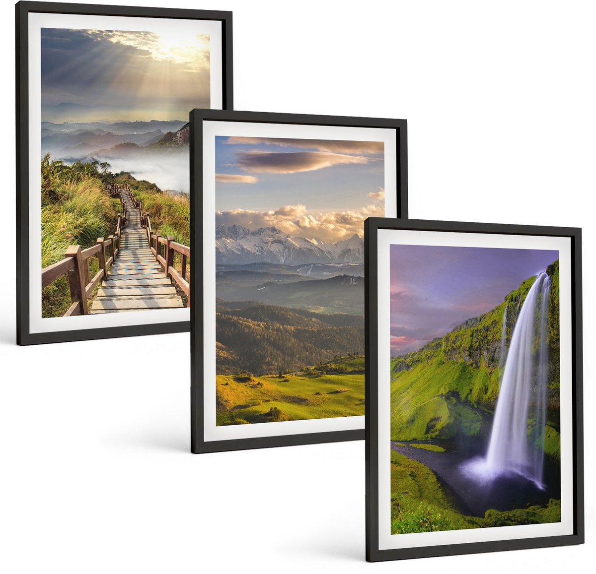 Tulup 4-Delige Schilderij Set - Schilderachtige berglandschappen met een waterval en een pad. - 40 x 60 cm - Stijlvolle Muurdecoratie - Kantoor