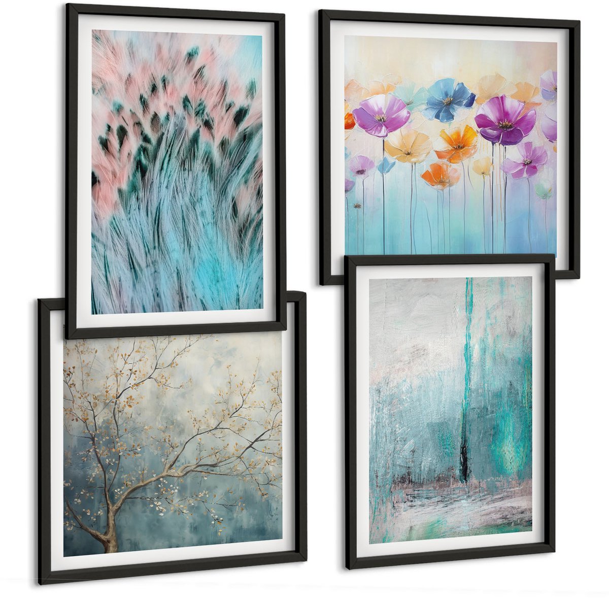 Tulup 4-Delige Schilderij Set - Bloemen op een achtergrond van pastelkleuren en delicate patronen. - 40 x 40 cm en 40 x 60 cm - Wanddecoratie - Schilderijen Set - Interieur - Stijlvolle Muurdecoratie