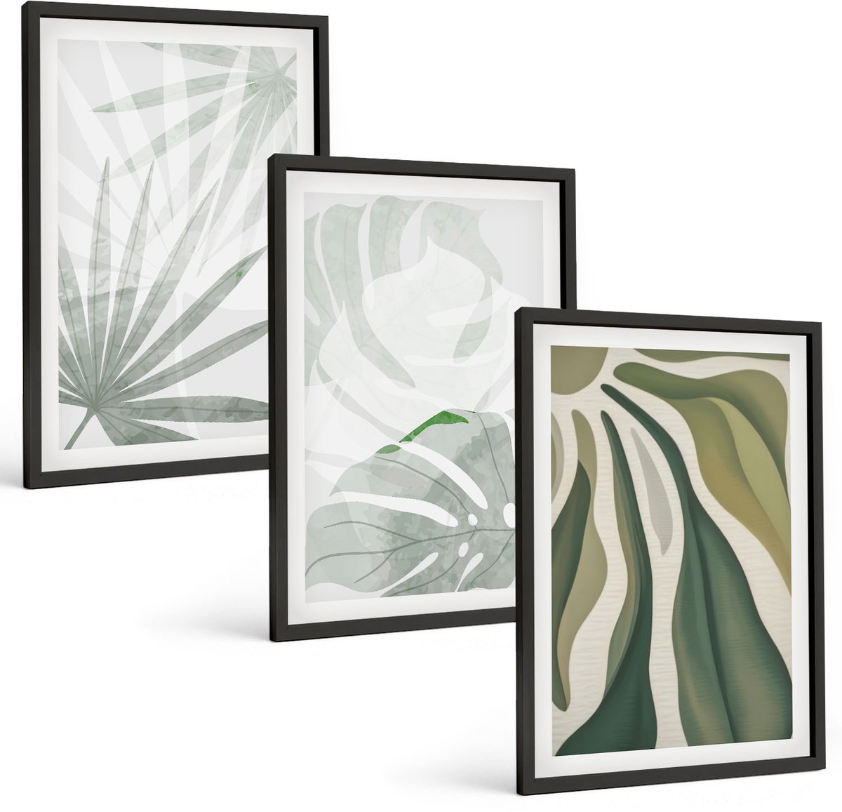 Tulup 4-Delige Schilderij Set - Plantenbladeren in tinten groen en grijs - 40 x 60 cm - Moderne Wanddecoratie - Woonkamer