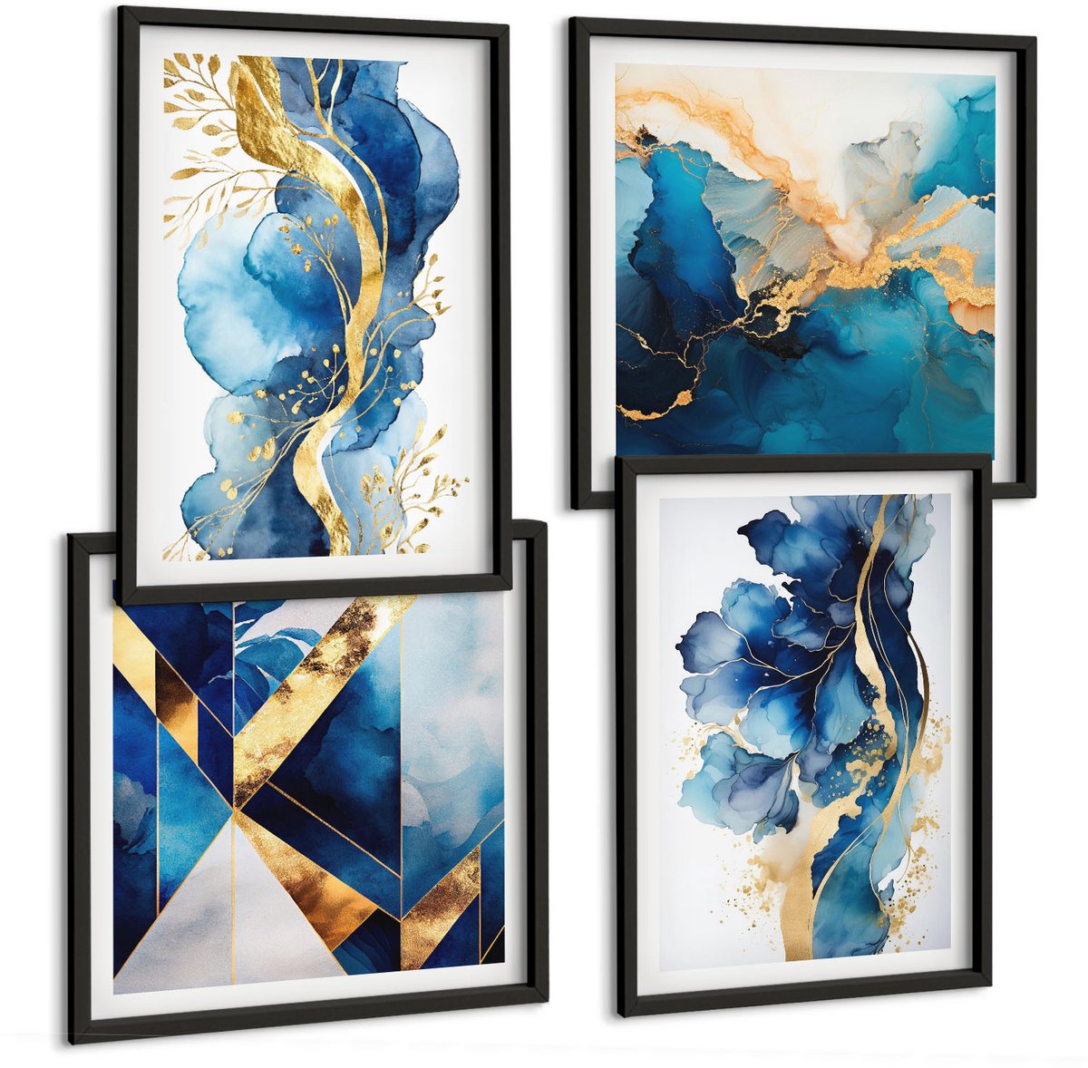 Tulup 4-Delige Schilderij Set - Blauwe abstracte patronen met subtiele accenten - 40 x 40 cm en 40 x 60 cm - Wanddecoratie - Muurdecoratie - Moderne Interieurdecoratie - Stijlvolle Muurdecoratie