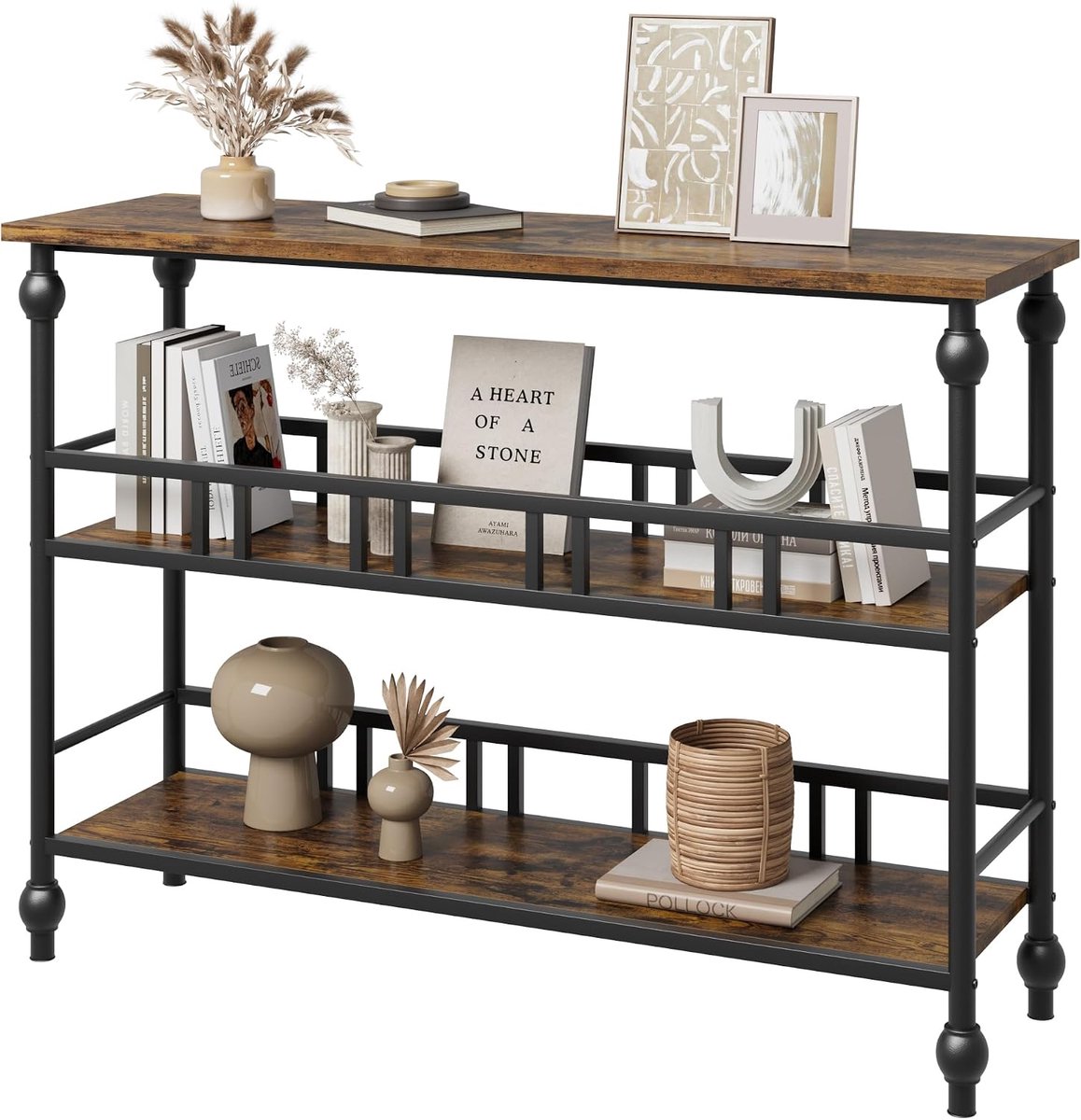 Smalle consoletafel voor hal/woonkamer – 3 niveaus met open schappen, opbergruimte achter de bank, industriële stijl hout/metaal – retrokleur