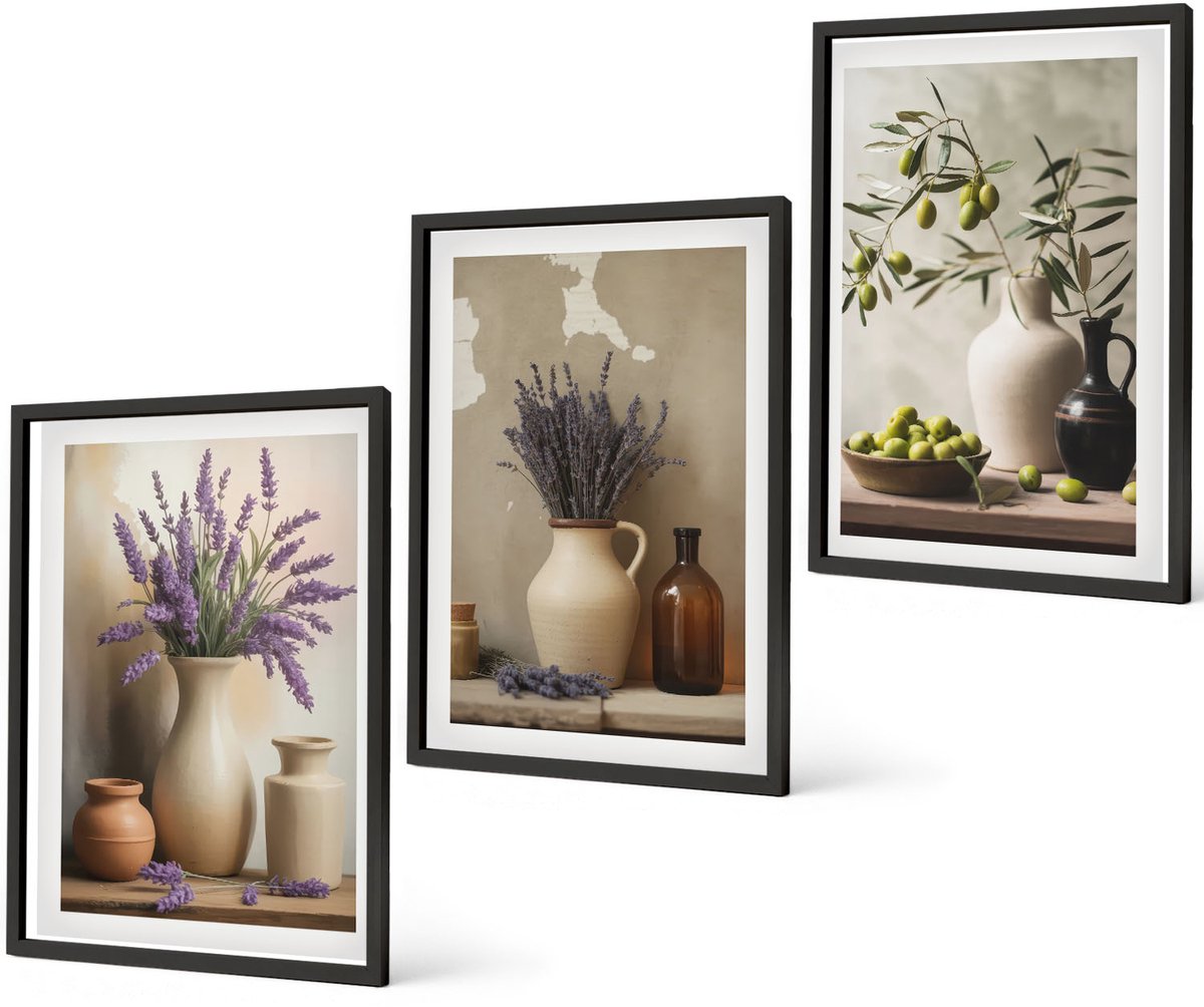 Coloray 3-Delige Schilderij Set - Bloemen In Vazen, Olijven En Natuurlijke Decoraties. - 40 x 60 cm - Stijlvolle Muurdecoratie - Slaapkamer - Moderne Wanddecoratie