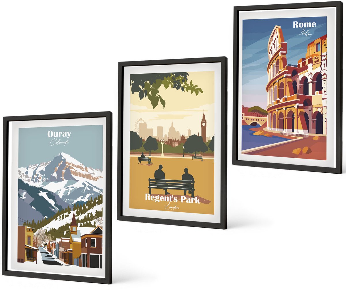 Coloray 3-Delige Schilderij Set - Bergen In Ouray Park In Londen, Colosseum In Rome - 40 x 60 cm - Moderne Wanddecoratie - Woonkamer - Interieur Decoratie