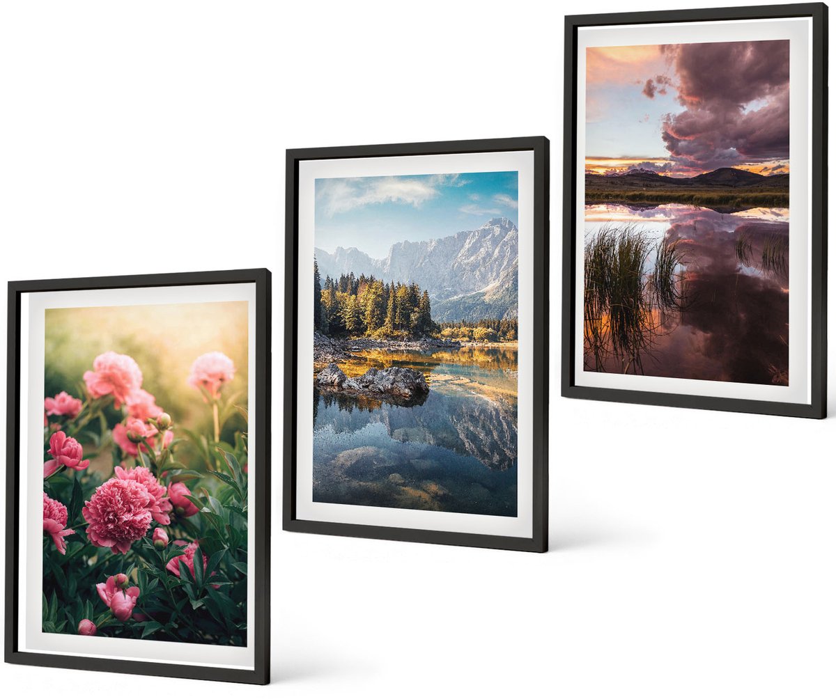 Coloray 3-Delige Schilderij Set - Bloemen In De Tuin, Bergen En Een Kalm Wateroppervlak. - 40 x 60 cm - Wanddecoratie - Muurdecoratie - Woonkamer