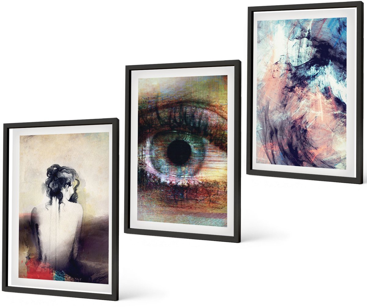 Coloray 3-Delige Schilderij Set - Portret Van Een Vrouwenoog Abstracte Kleuren Emoties - 40 x 60 cm - Stijlvolle Muurdecoratie - Kantoor - Wanddecoratie