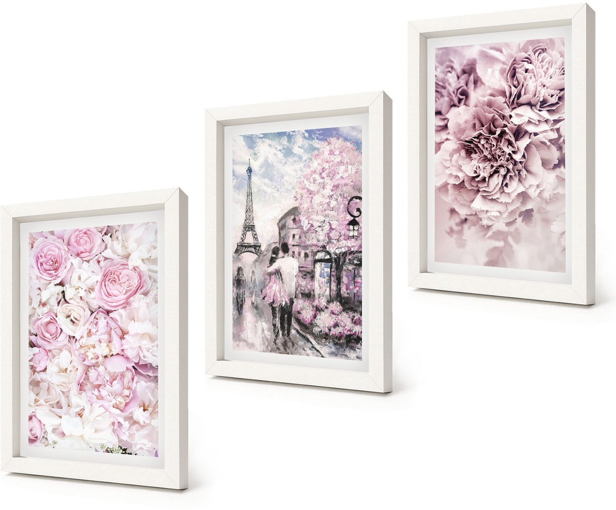 Coloray 3-Delige Schilderij Set - Bloemen in verschillende tinten roze, romantisch landschap - 20x30 - Muurdecoratie - Wanddecoratie - Slaapkamer - Decoratieve Schilderijen