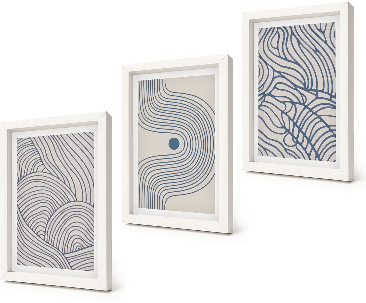 Coloray 3-Delige Schilderij Set - Abstracte decoratieve lijnen en golfvormen - 20x30 - Wanddecoratie - Woonkamer Decoratie - Muurdecoratie