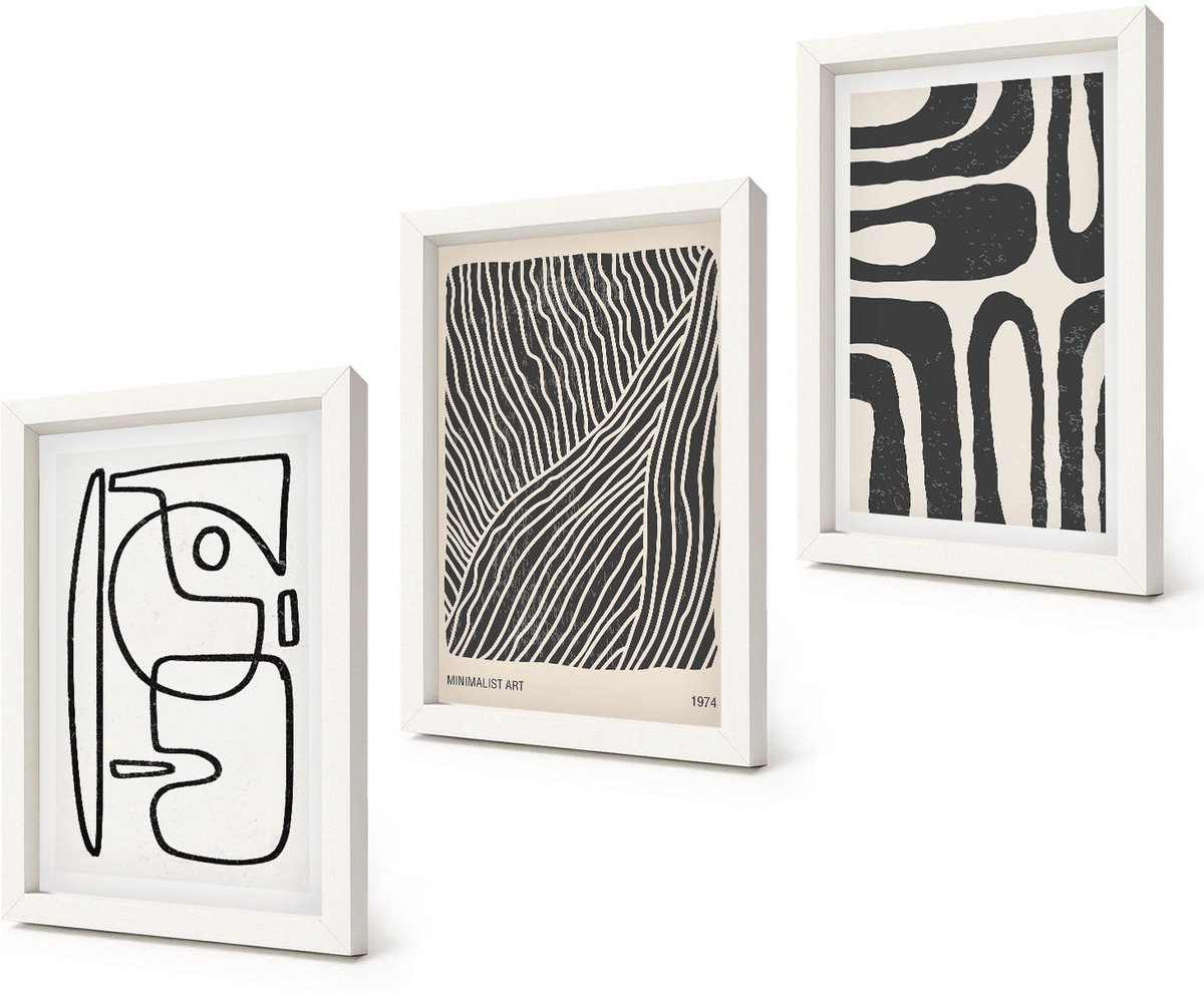 Coloray 3-Delige Schilderij Set - Abstracte patronen met lijnen en texturen op een lichte achtergrond. - 20x30 - Moderne Wanddecoratie - Slaapkamer - Muurdecoratie