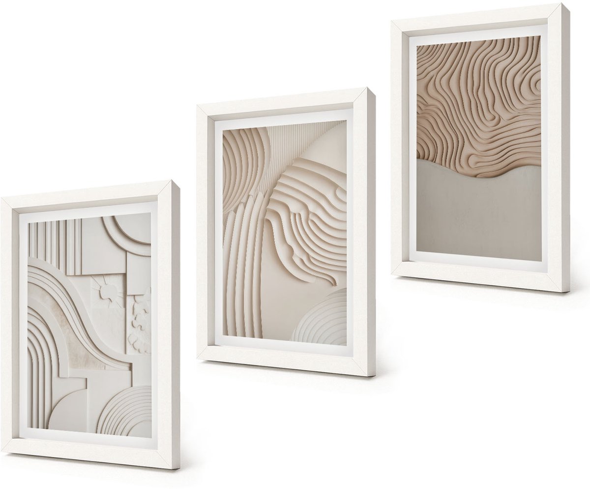 Coloray 3-Delige Schilderij Set - Abstracte patronen in beige en witte tinten. - 20x30 - Stijlvolle Wanddecoratie - Interieur