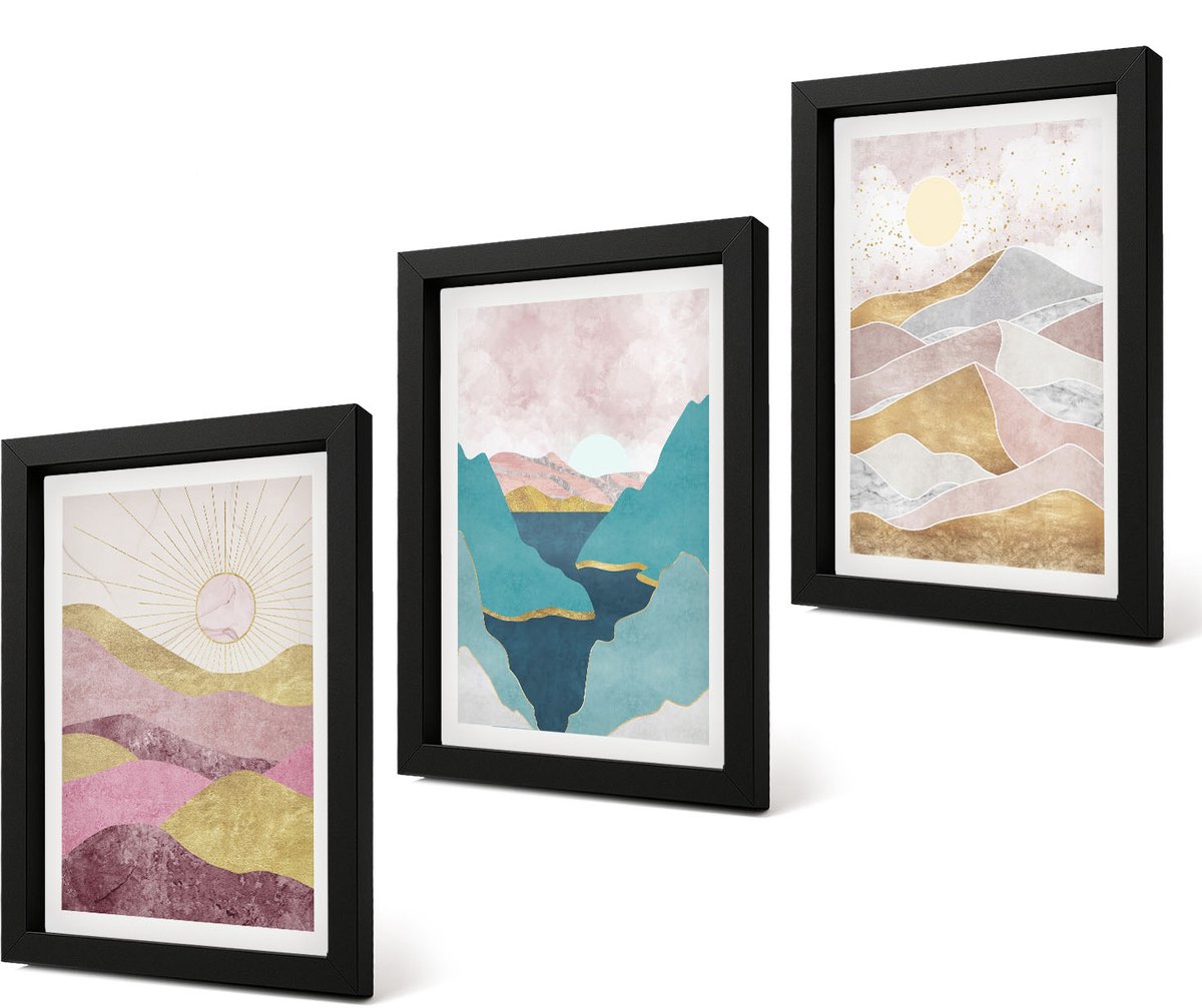 Coloray 4-Delige Schilderij Set - Abstracte landschappen met bergen en zon - 20 x 30 cm - Stijlvolle Wanddecoratie - Interieur - Muurdecoratie