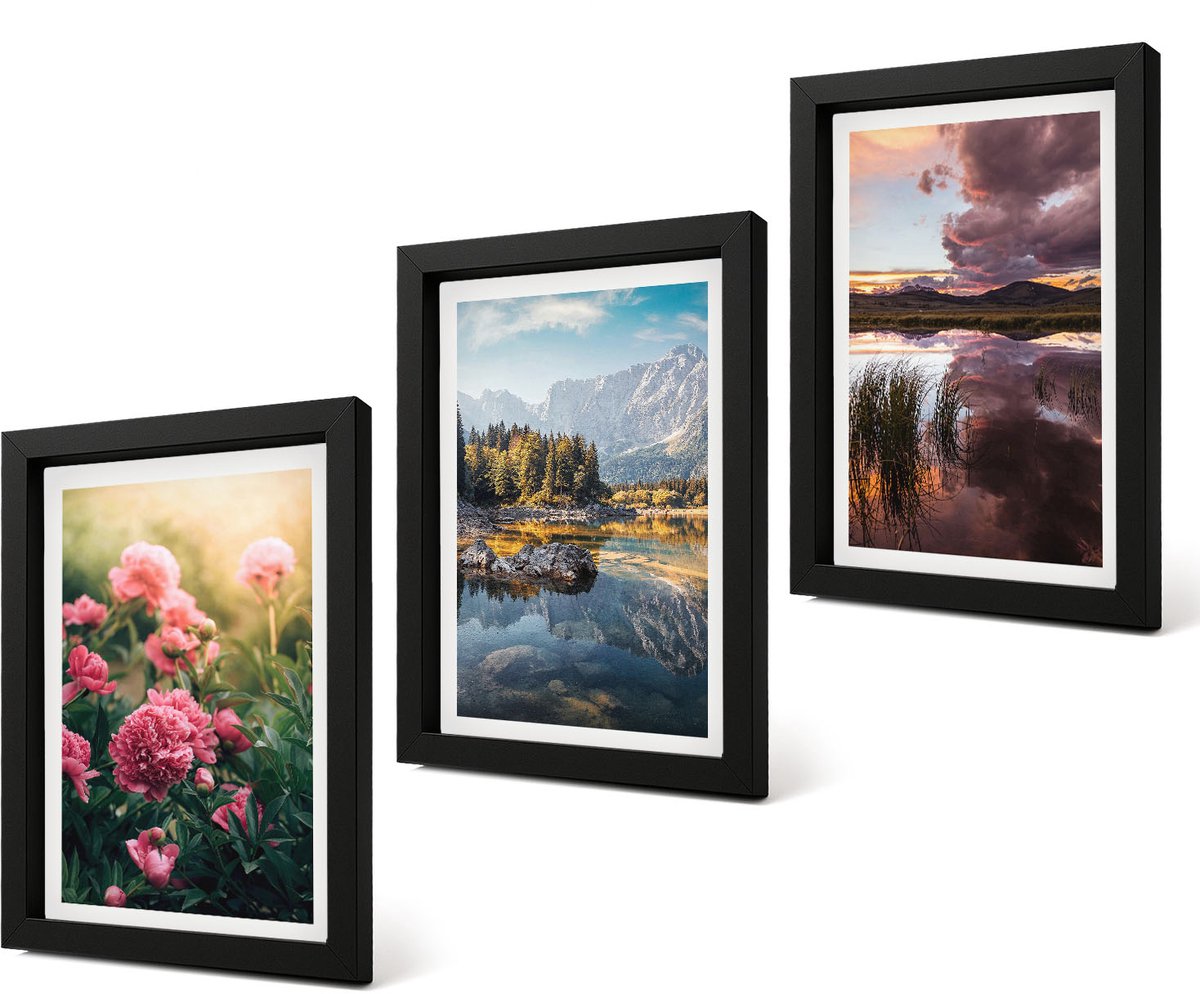 Coloray 4-Delige Schilderij Set - Bloemen in de tuin, bergen en een kalm wateroppervlak. - 20 x 30 cm - Moderne Wanddecoratie - Slaapkamer - Muurdecoratie