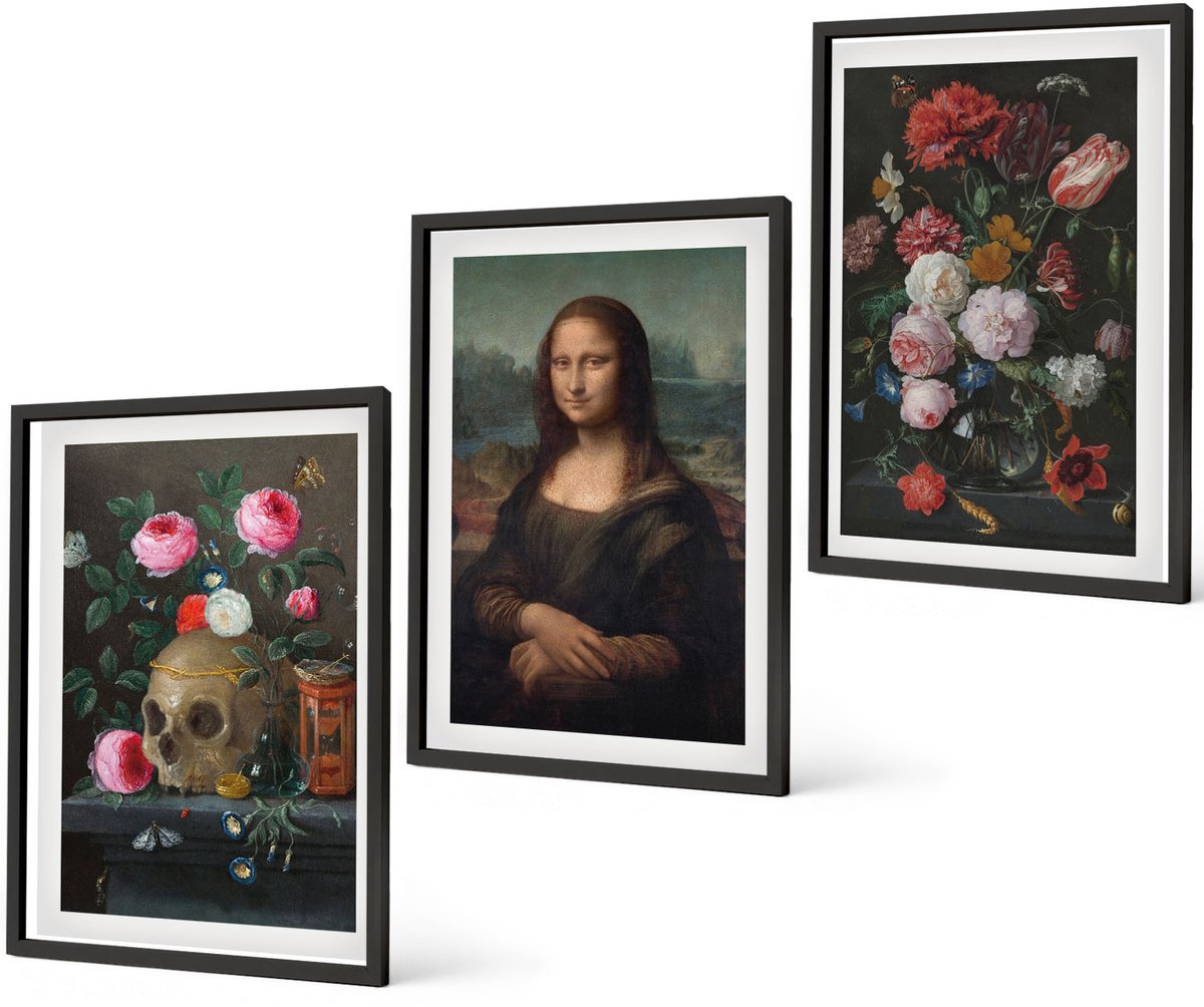 Coloray 3-Delige Schilderij Set - Vintage Bloemen, Schedel En Mona Lisa-Portret Van Leonardo Da Vinci - 40 x 60 cm - Decoratieve Schilderijen - Wanddecoratie - Hal - Interieur Decoratie