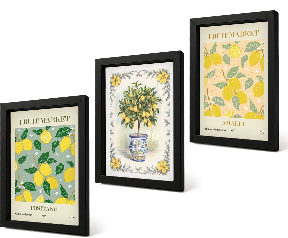 Coloray 4-Delige Schilderij Set - Italiaanse posters met citrusbomen en fruit - 20 x 30 cm - Schilderijen Set - Wanddecoratie - Woonkamer - Stijlvolle Muurdecoratie