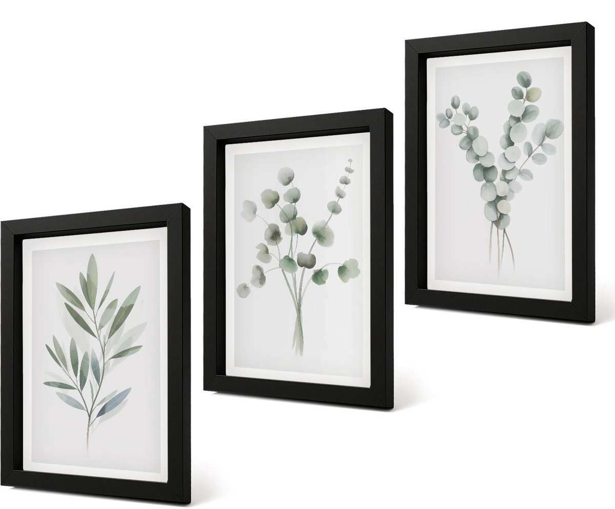 Coloray 4-Delige Schilderij Set - Plantenpatronen in tinten groen en grijs - 20 x 30 cm - Muurdecoratie - Interieur Decoratie