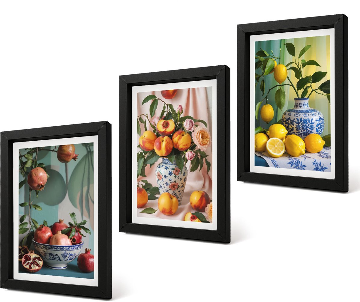 Coloray 4-Delige Schilderij Set - Granaatappels, perziken en citroenen in vazen - 20 x 30 cm - Stijlvolle Wanddecoratie - Interieur - Interieur Decoratie