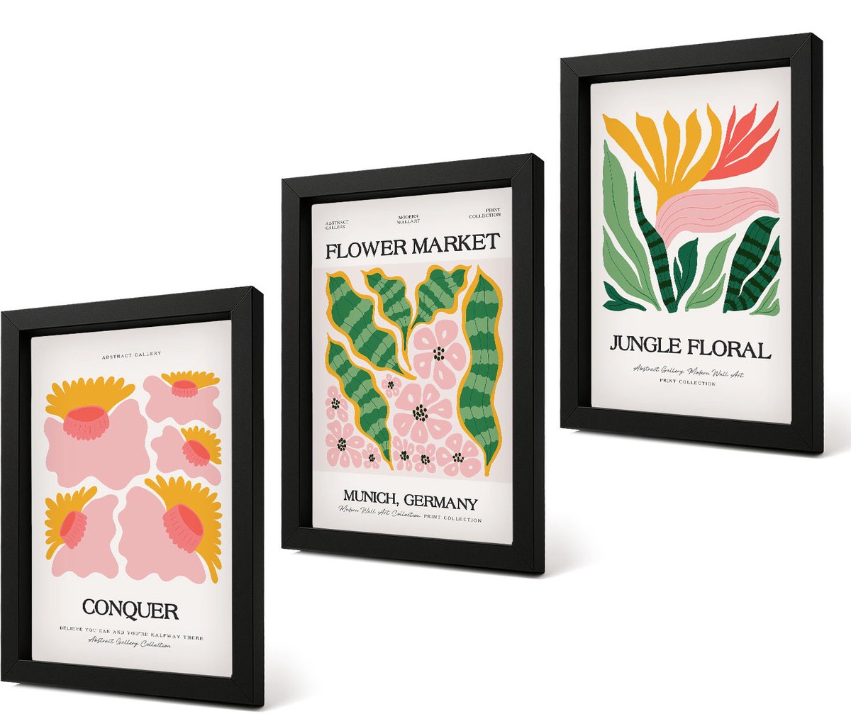 Coloray 4-Delige Schilderij Set - Bloemen en bladeren in moderne stijl op posters - 20 x 30 cm - Stijlvolle Muurdecoratie - Kantoor - Moderne Wanddecoratie
