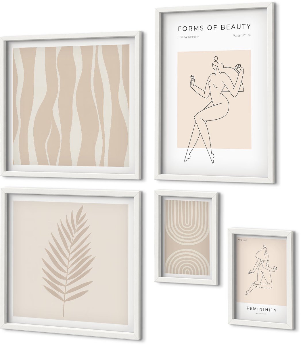 Coloray 5-Delige Schilderij Set - Vormen Van Schoonheid: Minimalistische Motieven En Decoratieve Lijnen - 50 x 50 cm, 20 x 30 cm En 40 x 60 cm - Muurdecoratie - Interieur Decoratie - Moderne Wanddecoratie