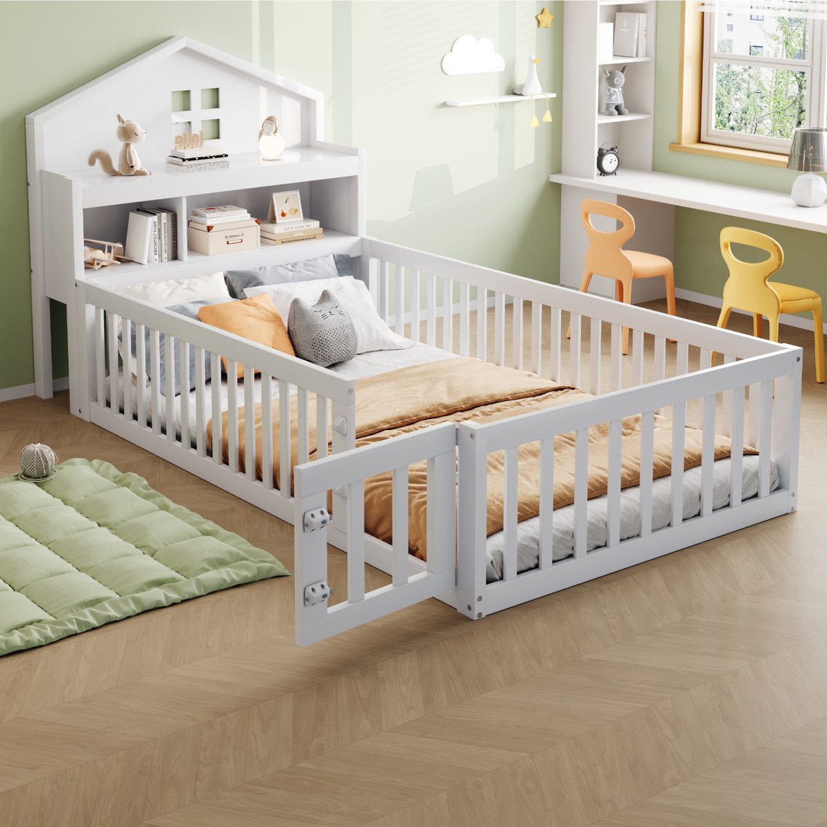 Sweiko Kinderbed - 90 x 200 cm - met Opbergrek - Veiligheidshek - Lattenbodem - Wit