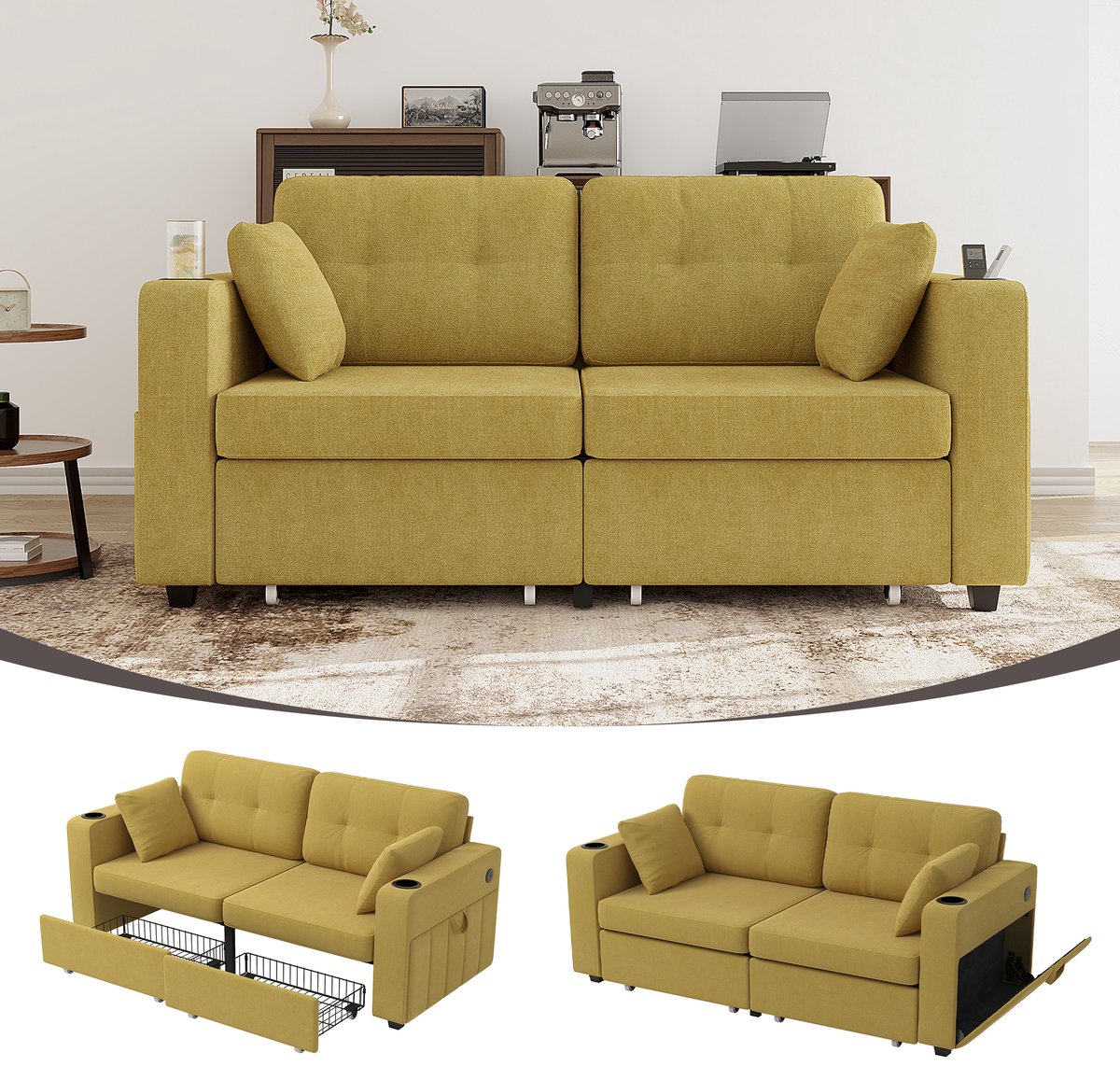 2-zitsbank met opberglades en USB - Compact design met drankhouders - 2 zitplaatsen - Chenille stof - 2 uitschuifbare lades en zijvakken - Ingebouwde USB oplaadpoorten - Geschikt voor woonkamer en kleine ruimtes