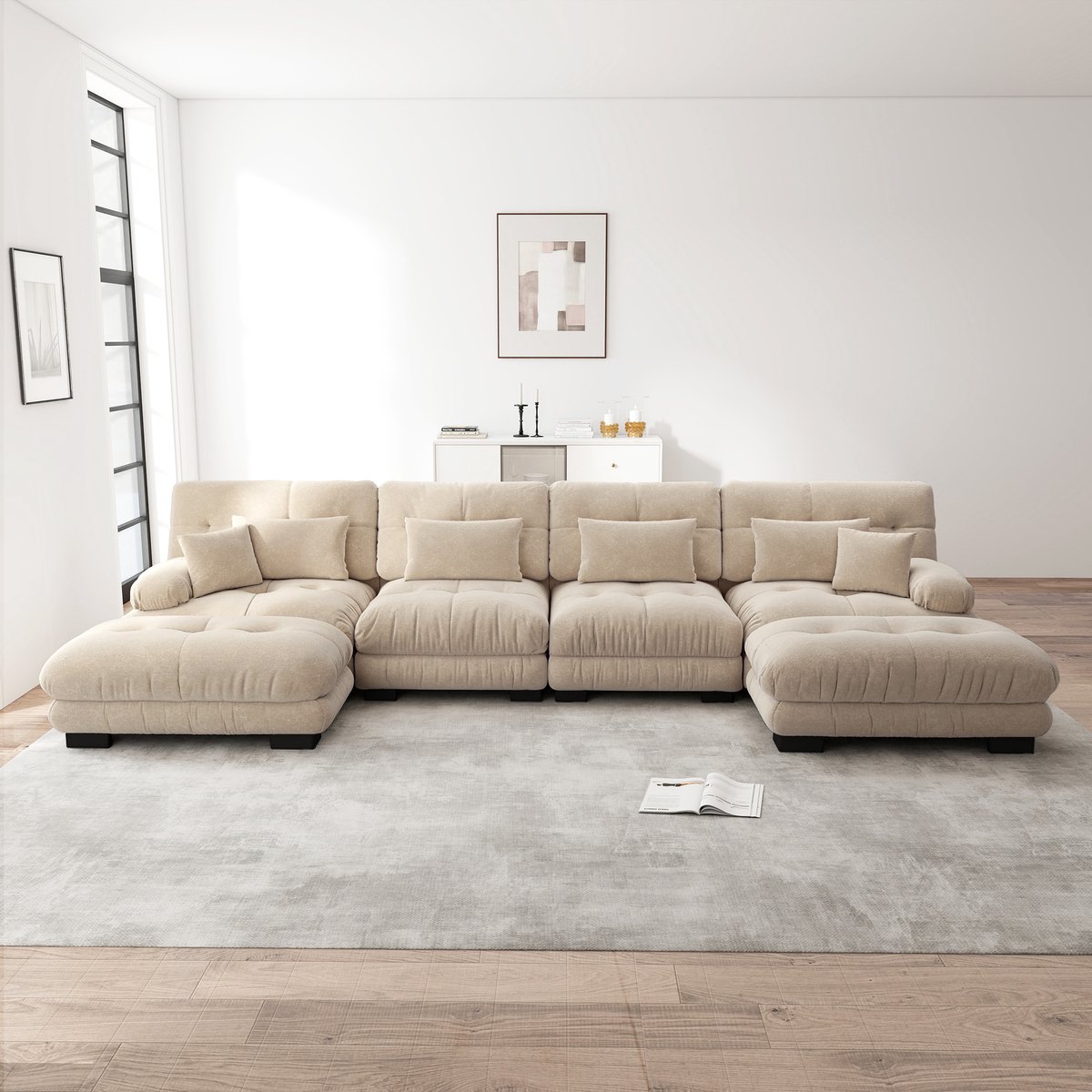 Modulaire U-vormige bank met cloud zitcomfort en beweegbare ottoman - woonkamer - 4-zits - Lichtbruin - chenille stof - ronde armleuningen als ergonomische hoofdsteun - zelf te combineren