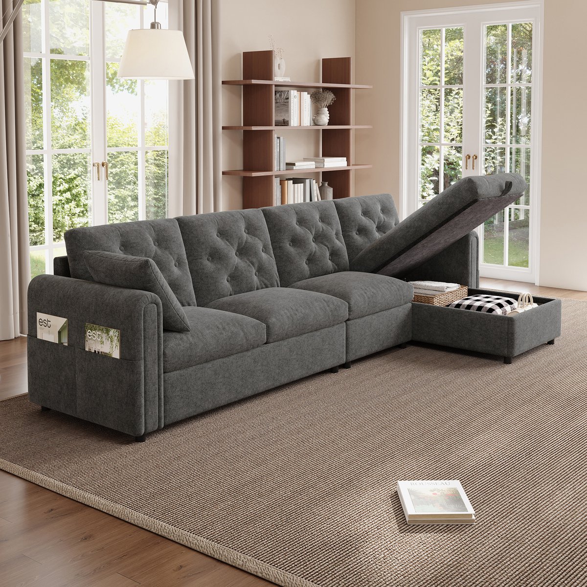 Fluwelen L-vorm slaapsofa met opbergvak en slaapfunctie - verstelbare hoek links/rechts - 3-4 personen - 281x86x71 cm - grijs - zijvakken in armleuningen - knooptufting rugleuning
