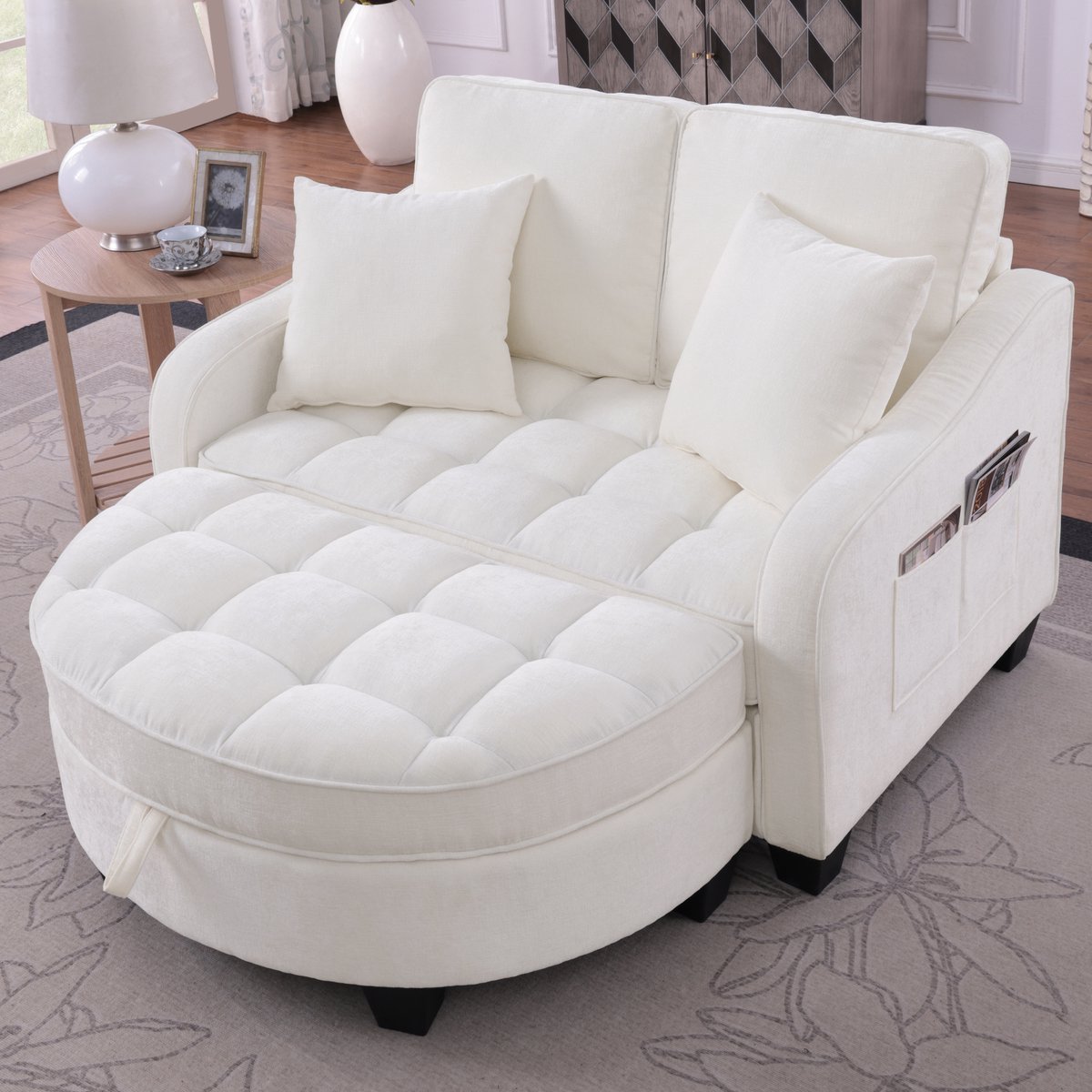 2-in-1 slaapsofa met opberghocker - compact voor kleine ruimtes - 1-2 personen - beige - ademende stof en eucalyptushouten frame - flexibele ombouw tot chaise longue of peuterbed - incl. comfortabele kussens