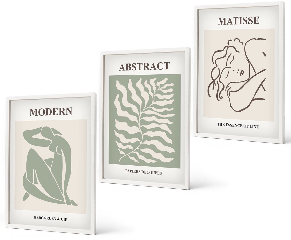 Coloray 3-Delige Schilderij Set - Stijlvolle Schilderijen In Groene Tinten Met Figuren En Bladeren. - 40 x 60 - Decoratieve Schilderijen - Woonkamer - Interieur - Moderne Wanddecoratie