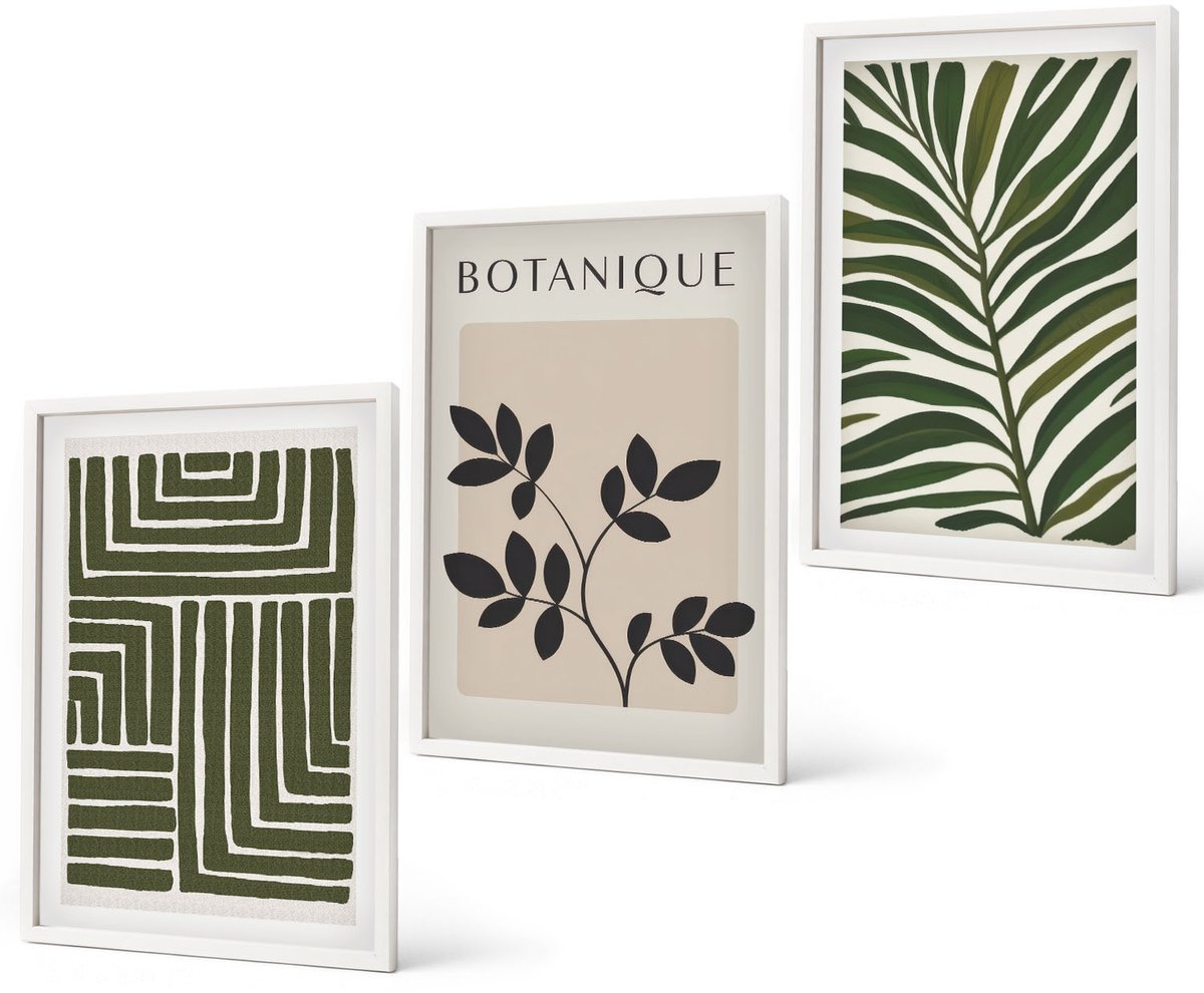 Coloray 3-Delige Schilderij Set - Botanische Composities In Boho-Minimalistische Stijl - 40 x 60 - Moderne Wanddecoratie - Slaapkamer