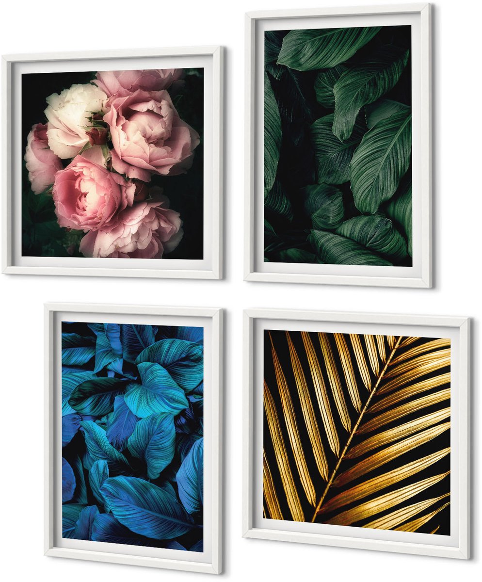 Coloray 4-Delige Schilderij Set - Bladeren En Bloemen In Verschillende Kleuren - 40 x 40 En 40 x 60 - Decoratieve Schilderijen - Wanddecoratie - Hal - Interieur Decoratie