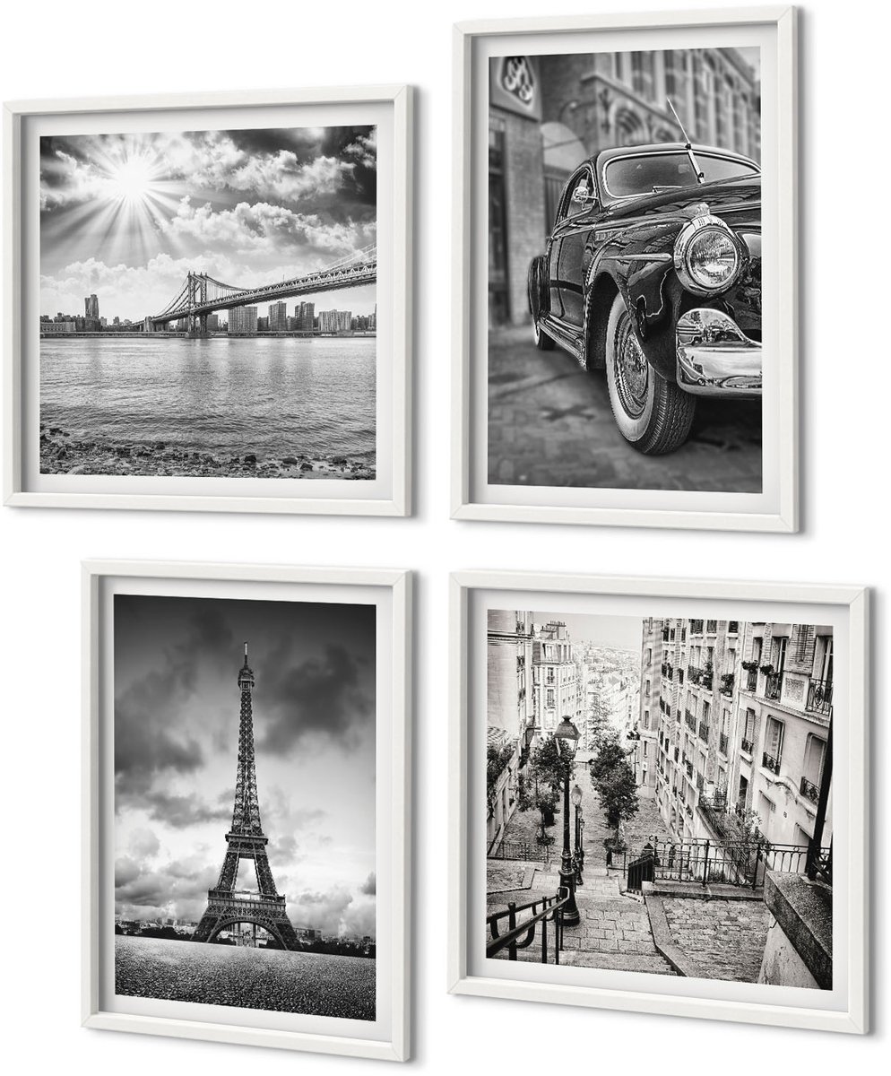 Coloray 4-Delige Schilderij Set - Stadsgezichten Bruggen Eiffeltoren Klassieke Auto - 40 x 40 En 40 x 60 - Muurdecoratie - Wanddecoratie - Hal - Decoratieve Schilderijen