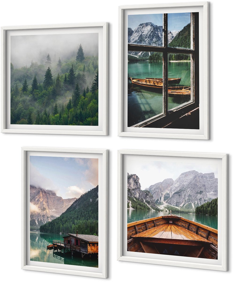 Coloray 4-Delige Schilderij Set - Bergmeer Met Een Boot En Houten Huisjes - 40 x 40 En 40 x 60 - Wanddecoratie - Muurdecoratie - Woonkamer - Interieur Decoratie