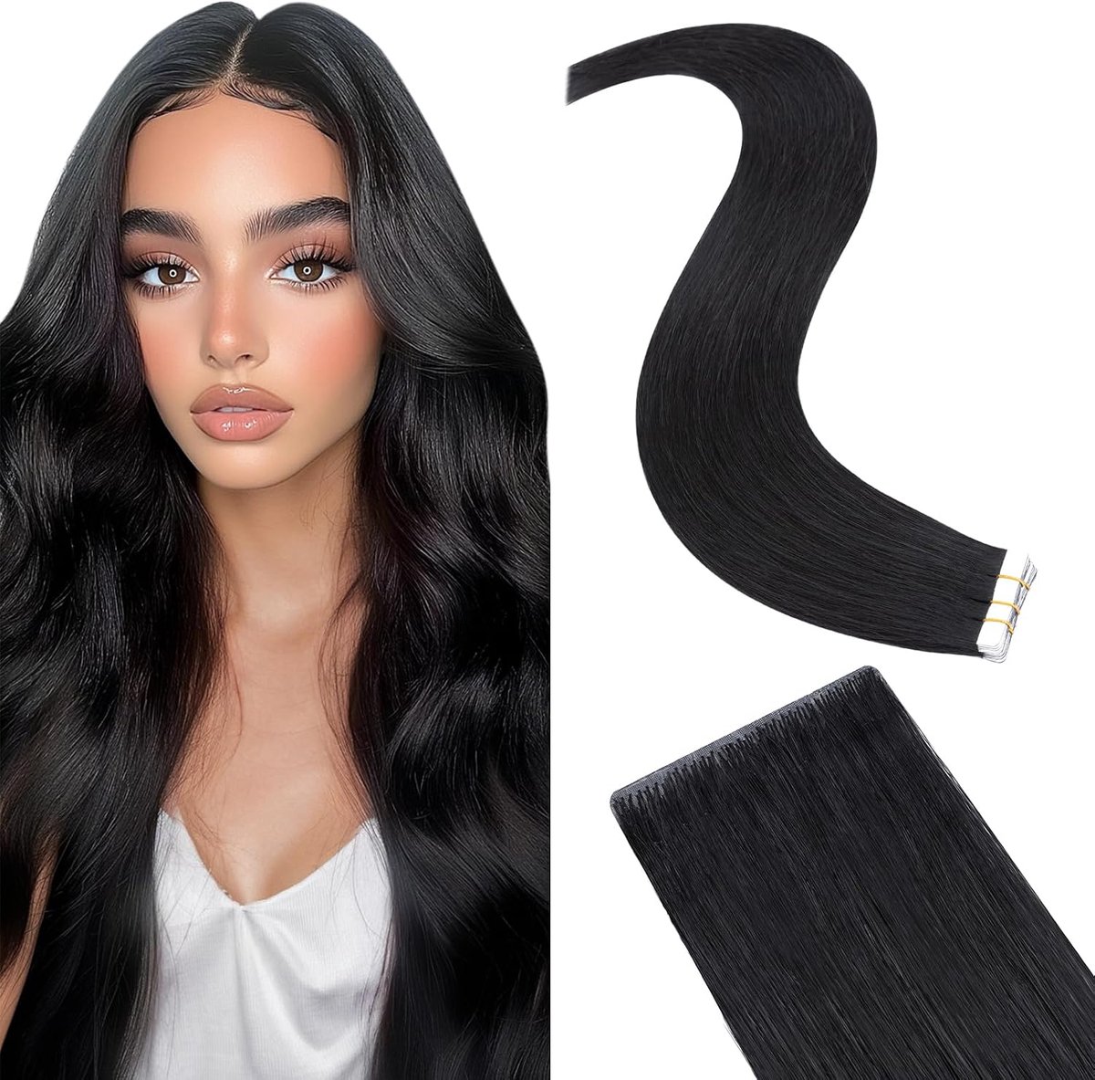 Tape extensions 40 cm - echt haar - raven zwart - eenvoudig aan te brengen - ShopVlot