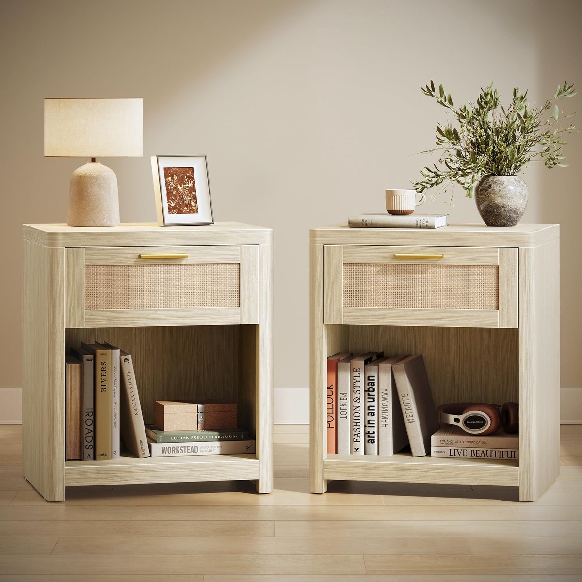 Famanu – Nachtkastje in boho-stijl, set van 2, bijzettafel met lade in rotan-look en open vak, afgeronde hoeken voor slaapkamer naast het bed, natuurbeige