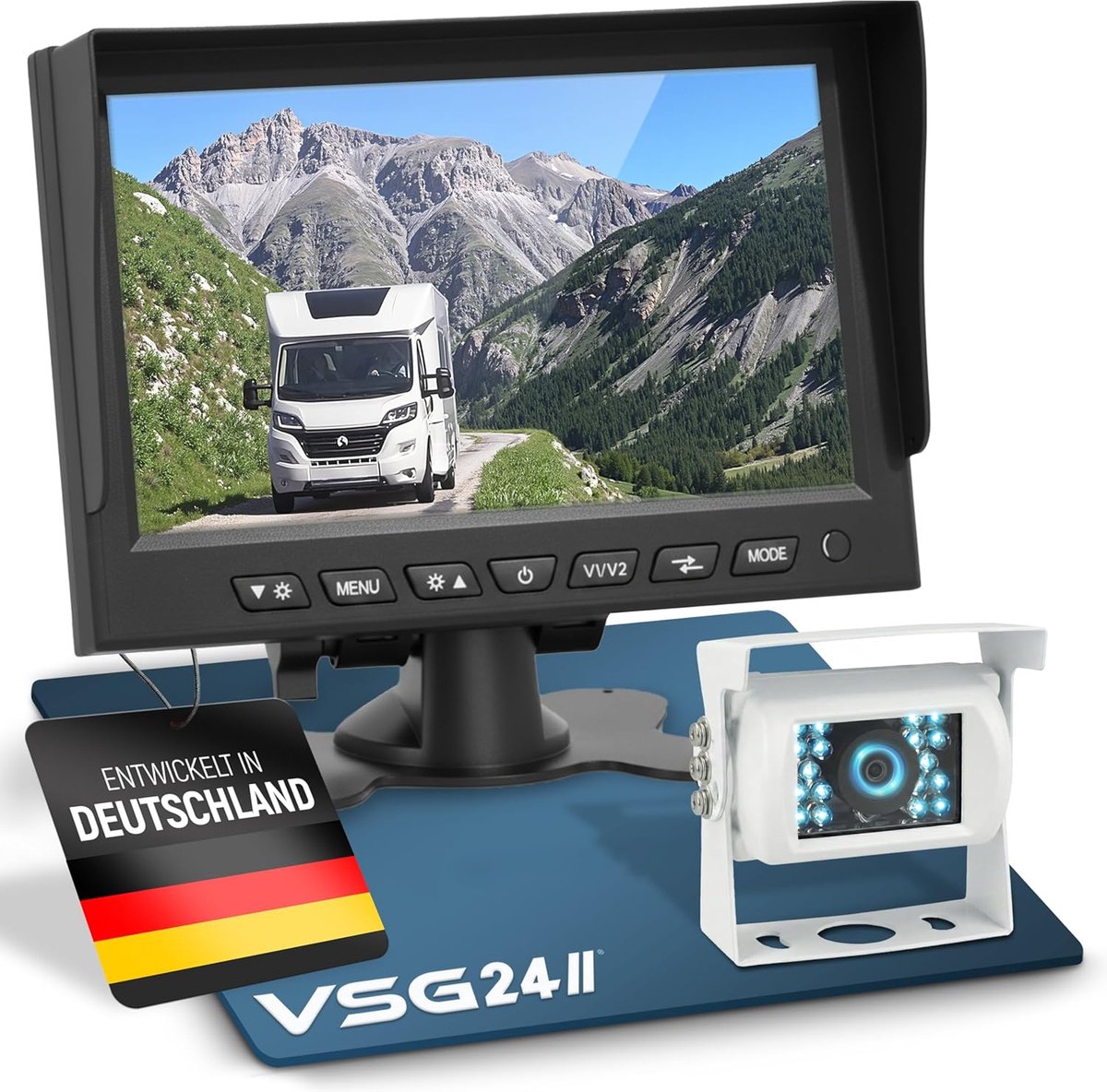 VSG 24 24102 – 7" camper starter set reversing system, camera set incl. 20 m cable, night vision, distance lines, 120° - ShopVlot