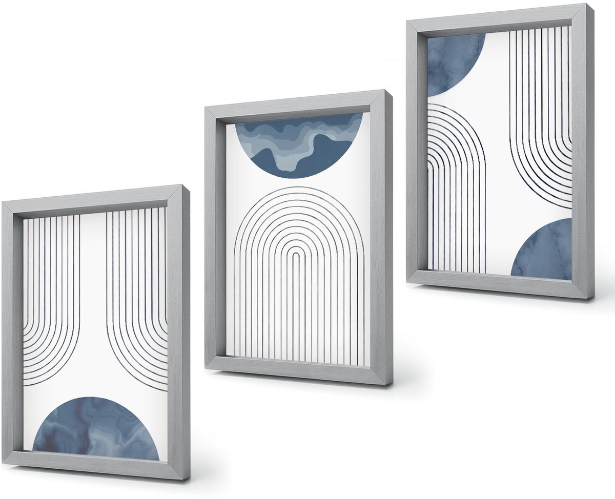 Coloray 4-Delige Schilderij Set - Abstracte patronen in blauw-witte tinten - 20 x 30 cm - Muurdecoratie - Decoratieve Schilderijen - Wohnzimmer - Woonkamer Decoratie Zilveren lijst