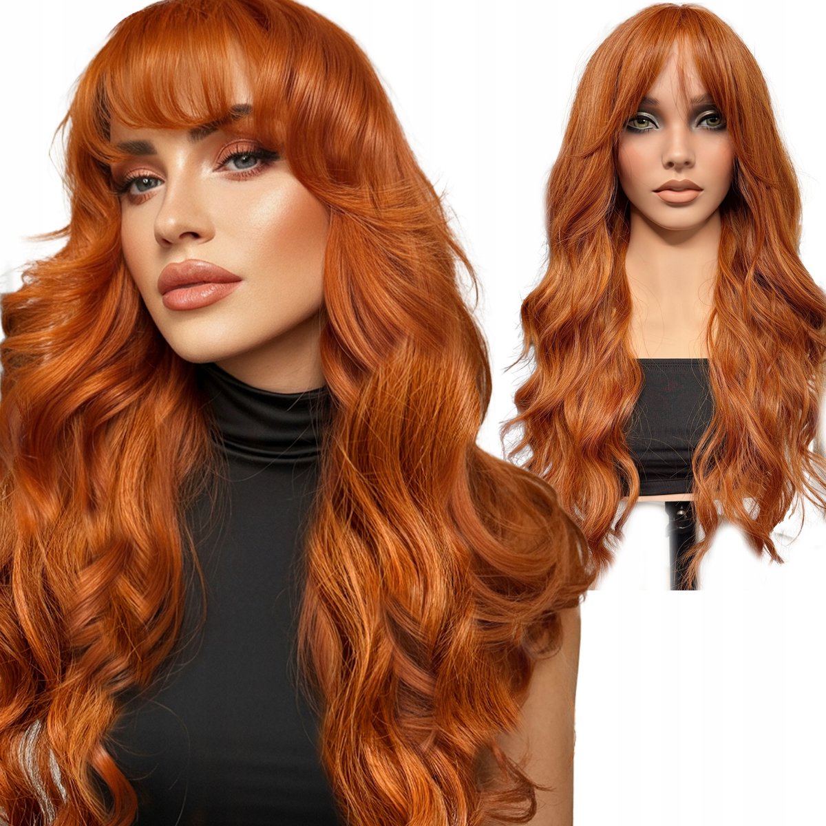 Lange golvende rode synthetische pruik met pony - Natuurlijke look