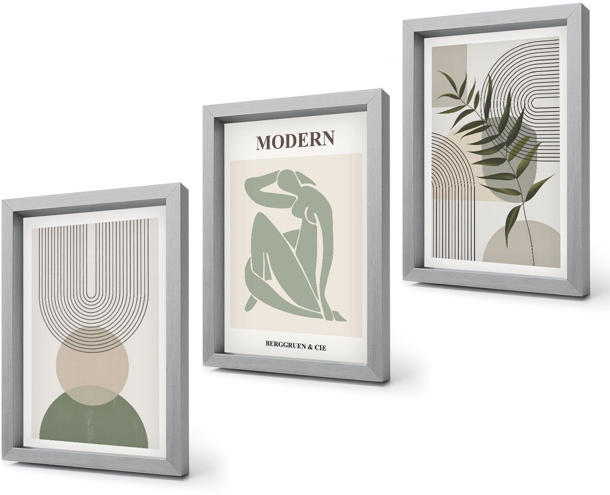 Coloray 4-Delige Schilderij Set - Stijlvolle afbeeldingen met abstracte vormen en planten. - 20 x 30 cm - Moderne Wanddecoratie - Woonkamer - Muurdecoratie Zilveren lijst