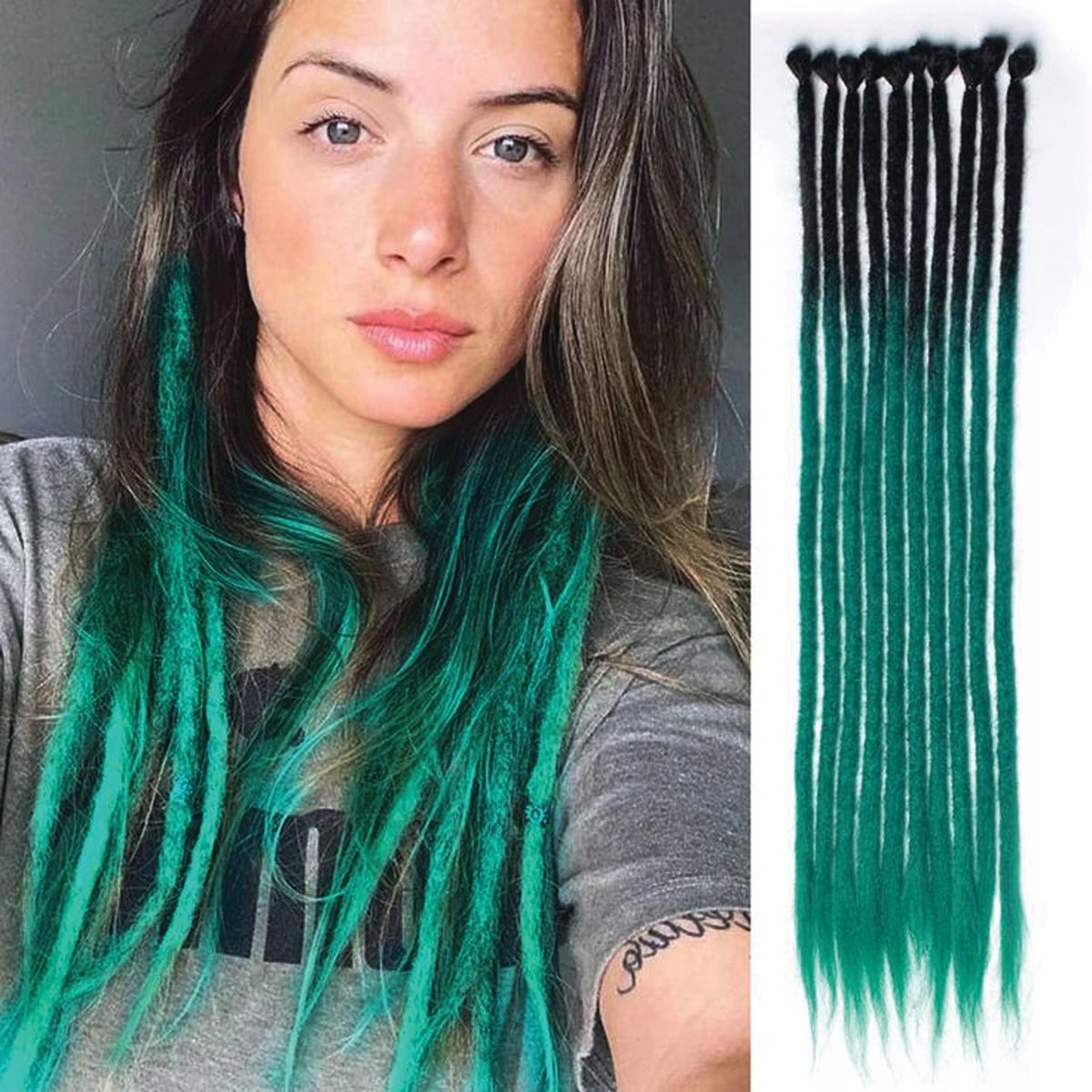 Synthetische Dreadlocks Ombre Zwart-Zeegroen 60cm 10 Stuks