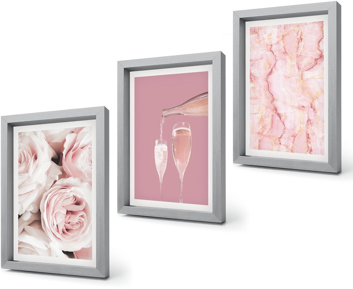 Coloray 4-Delige Schilderij Set - Champagnekleurige rozen en een pastelkleurige marmeren achtergrond - 20 x 30 cm - Muurdecoratie - Wanddecoratie - Slaapkamer Zilveren lijst