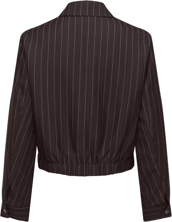 Achterkant bruin pinstripe bomberjack met zilveren rits en elastische zoom.