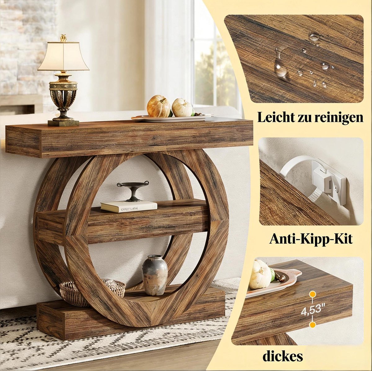 Wishdor Sidetable - Rustiek landhuisdesign - Drie open planken - Voor hal en woonkamer - Houten consolemodel - Rustiek bruin - 105 x 30 x 85 cm