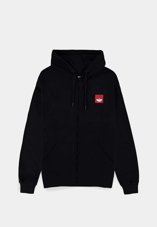 Zwarte hoodie met rits en een rood-wit Pokémon-logo op de borst.