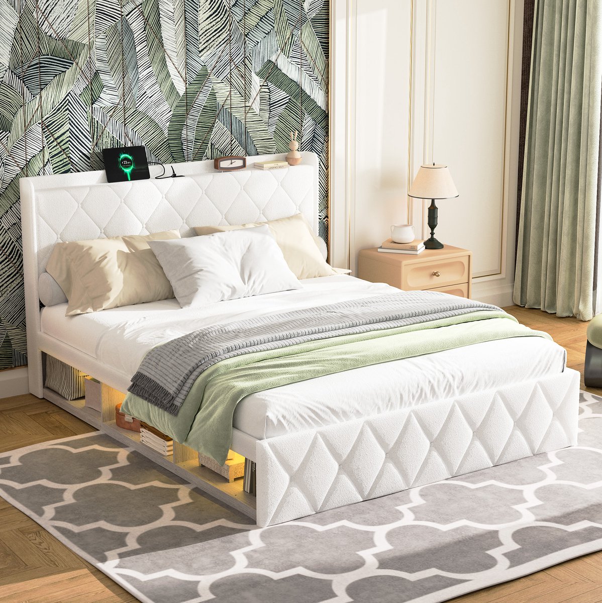 Wishdor Tweepersoonsbed 140x200 cm - Gestoffeerd bed met USB-oplaadfunctie en LED-verlichting - Teddy stof - Wit - Met lattenbodem en opbergruimte - Zonder matras