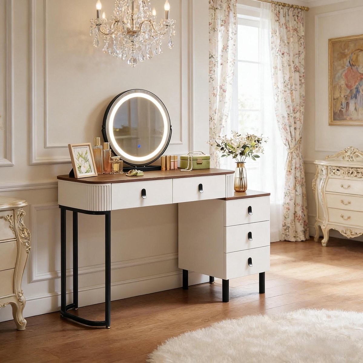 Wishdor Kaptafel met LED-spiegel en 5 lades - Modern make-uptafel met 360° draaibare spiegel en links of rechts te plaatsen opbergkast - Bruin wit - 100 x 125 x 40 cm