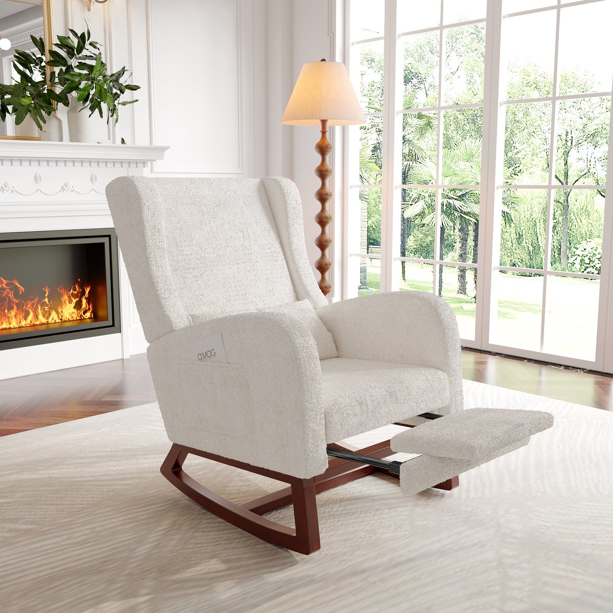 Schommelstoel 64x67x99 cm met voetenbank, relaxstoel, gestoffeerde fauteuil voor woonkamer, verpleegstoel, houten poten, teddy stof, wit