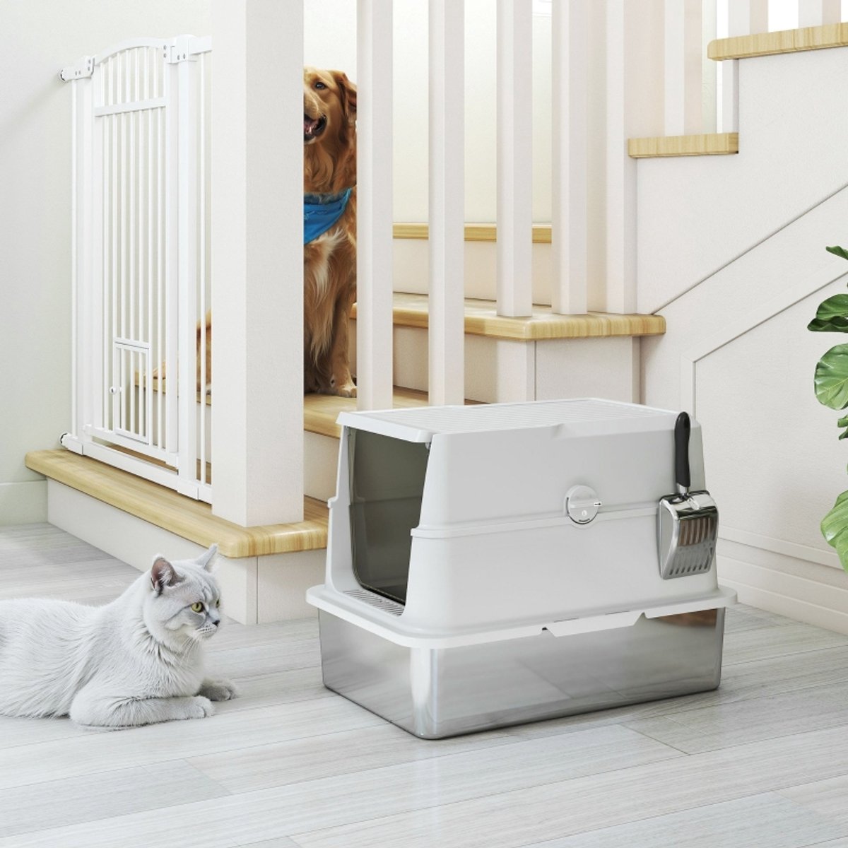 REDOM - Kattenbak - XL binnenruimte - Gesloten met opklapbaar deksel - Geurcontrole met ruimte voor deo-packs - RVS - Lichtgrijs - 60,2 x 40,2 x 43,3 cm