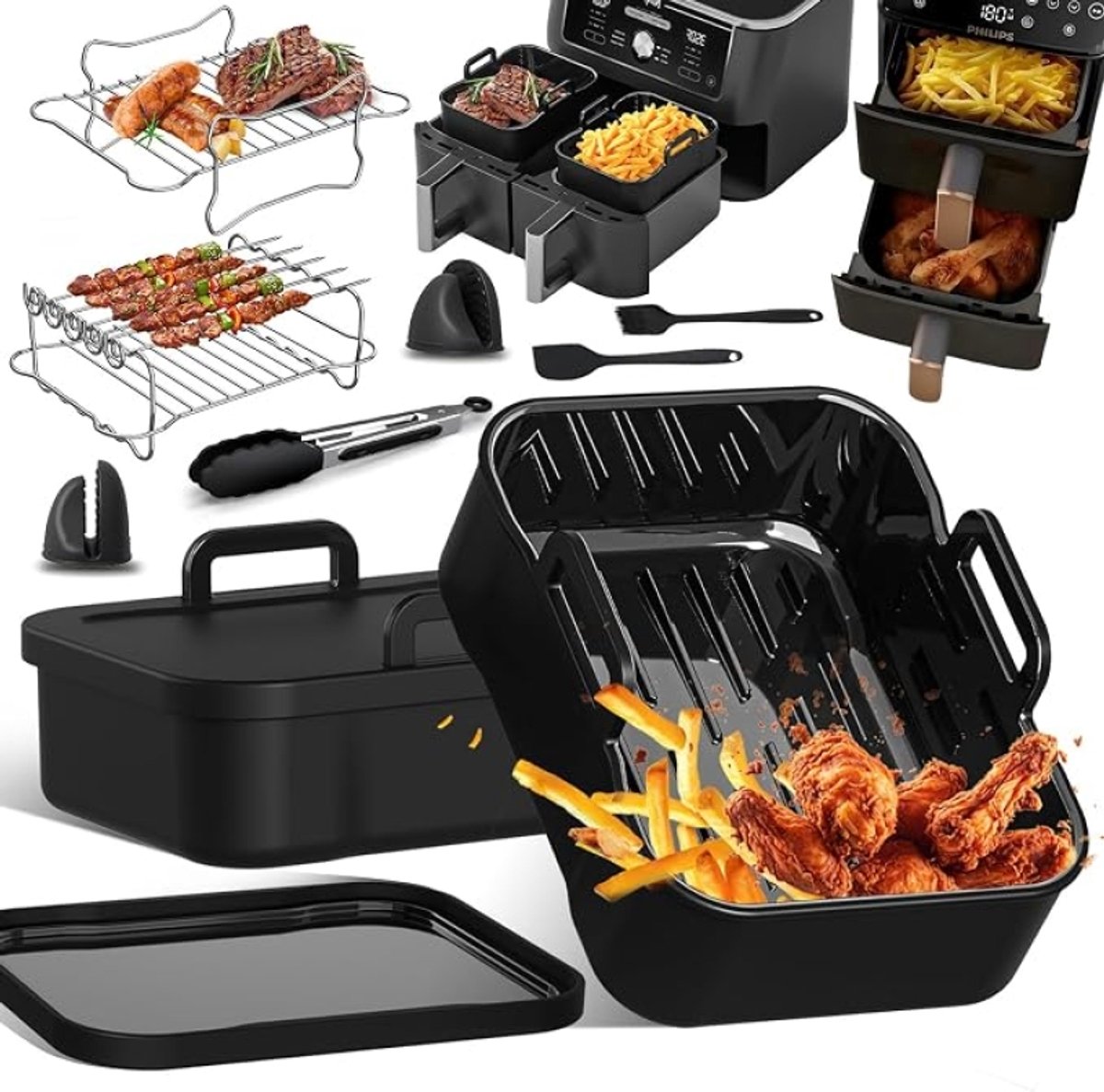Siliconen Ovenschaal met Deksel voor Airfryer - Geschikt voor Ninja Foodi Max Dual Zone AF400EU (9,5L) en FlexDrawer AF500EU (10,4L) - Inclusief Siliconen Accessoires