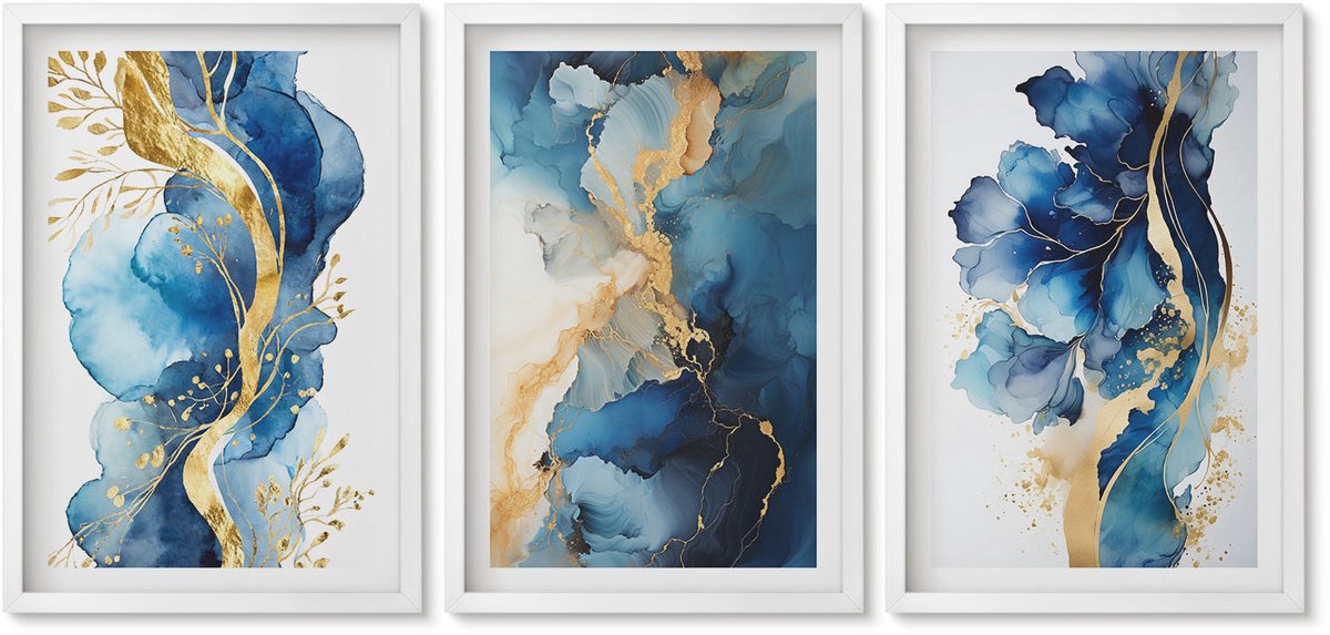 Wallfluent 3-Delige Schilderij Set - Blauwe Abstracte Patronen Met Subtiele Accenten - 40 x 60 - Muurdecoratie - Interieur Decoratie - Wanddecoratie